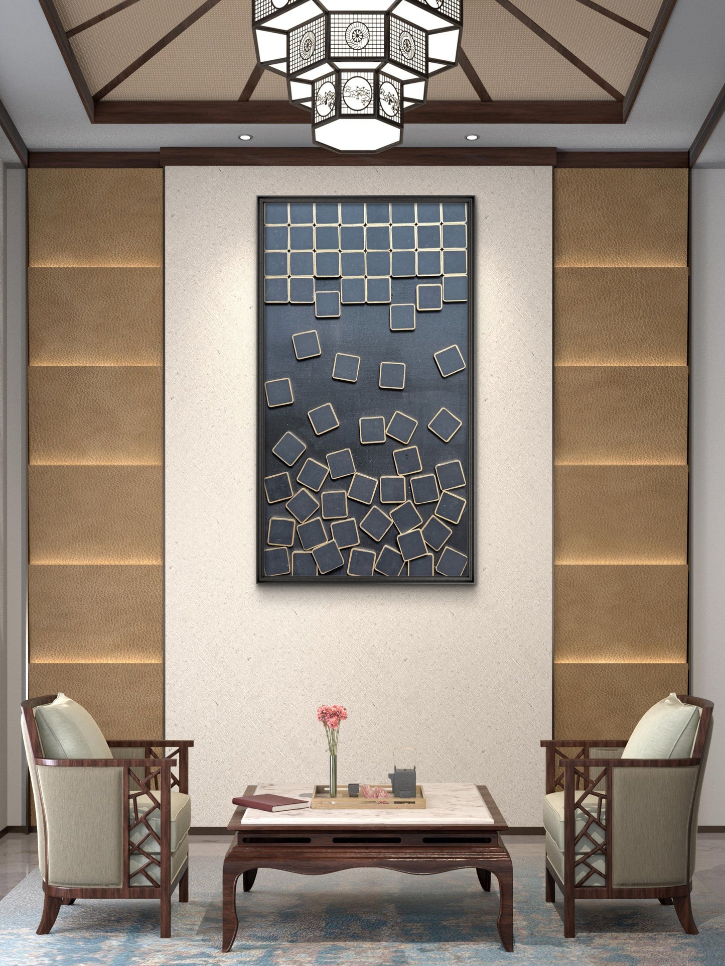 Luxury statement artwork with stacked and tilted gold squares on a matte Mars Black surface.