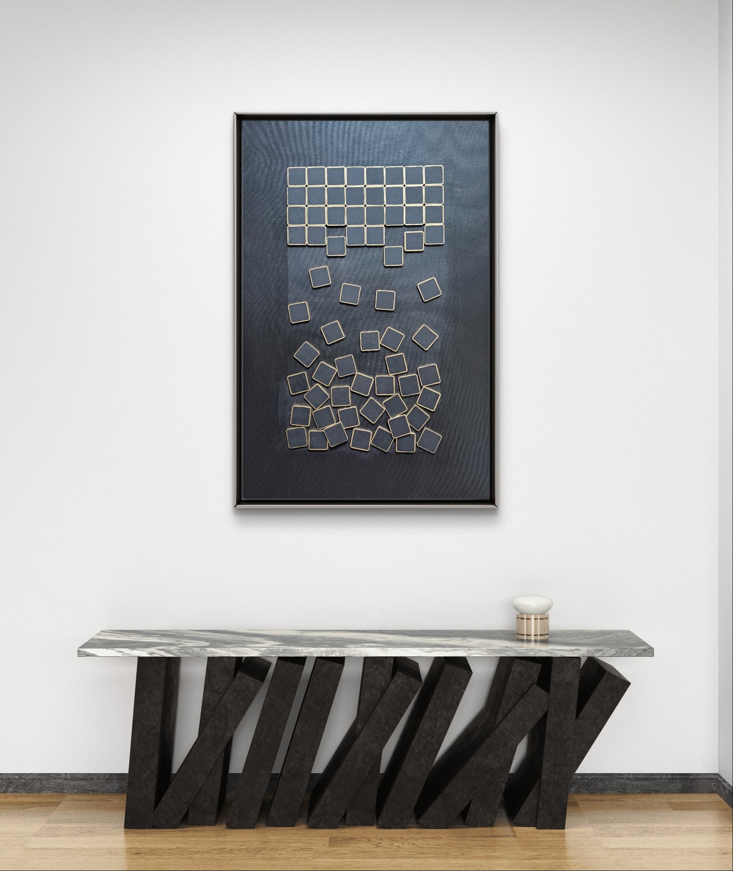 Luxury statement artwork with stacked and tilted gold squares on a matte Mars Black surface.