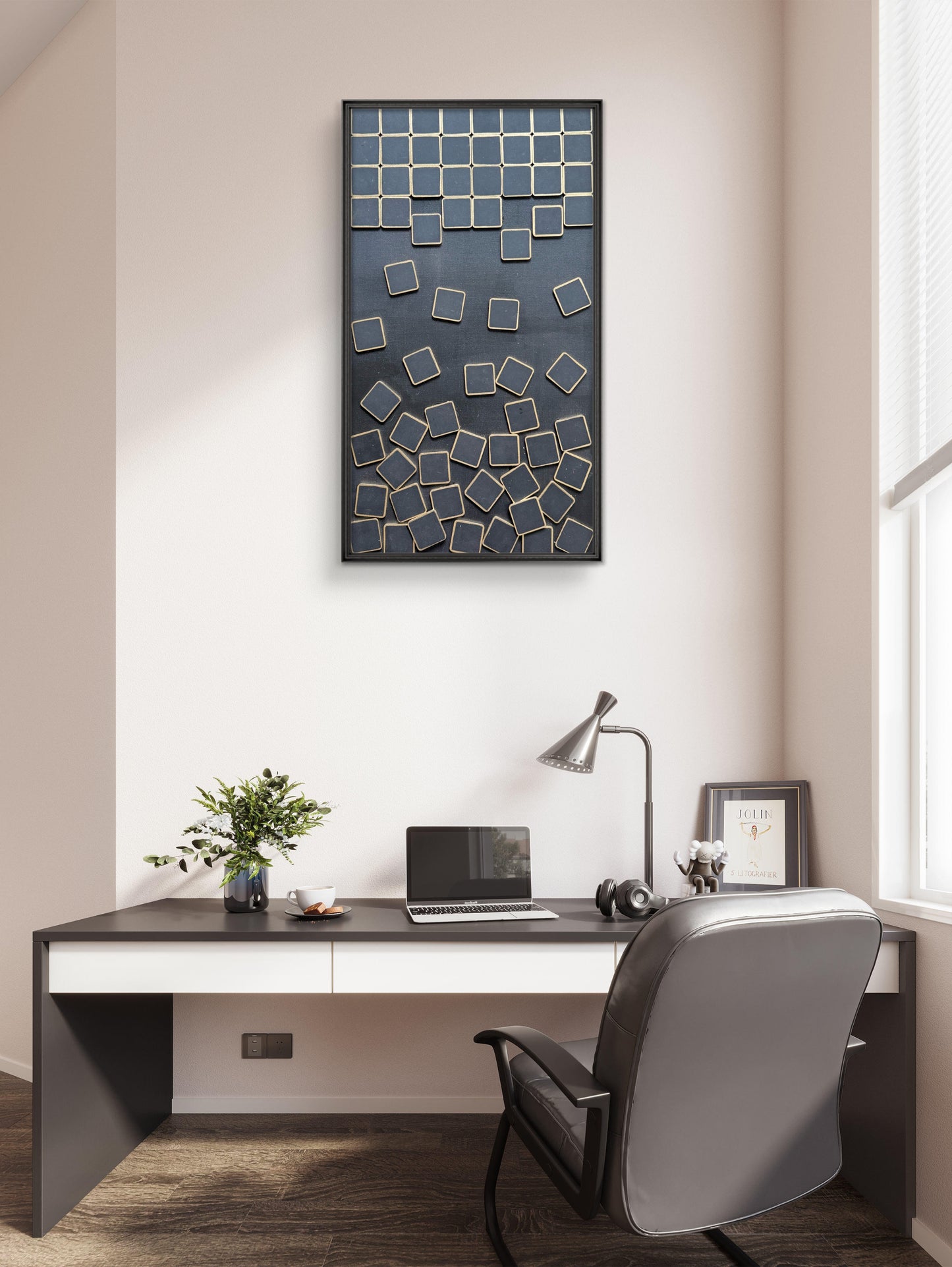 Modern abstract artwork inspired by Tetris, featuring structured gold squares transitioning into free-flowing arrangement.