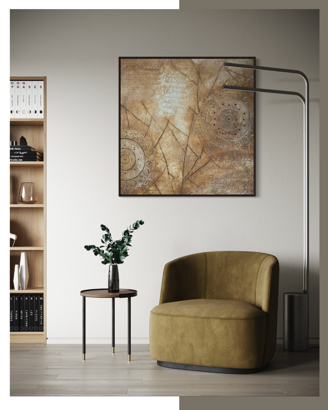 Earthy textured wall art blending aged script patterns with detailed circular mandala designs.