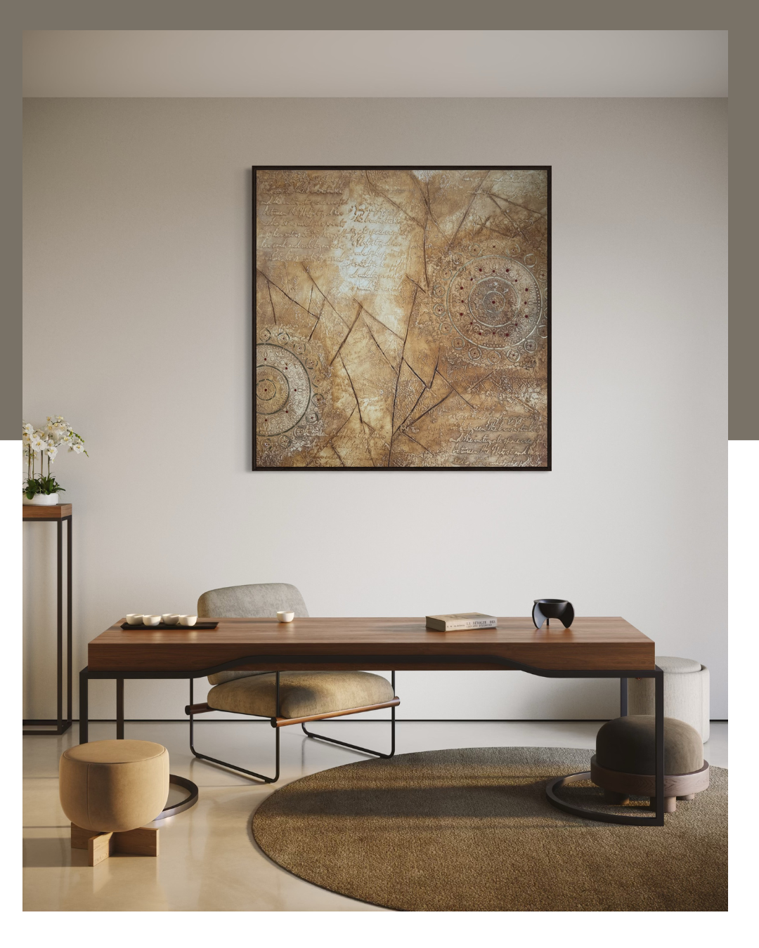 Abstract textured art with mandala motifs and ancient-style inscriptions, giving a vintage architectural feel.