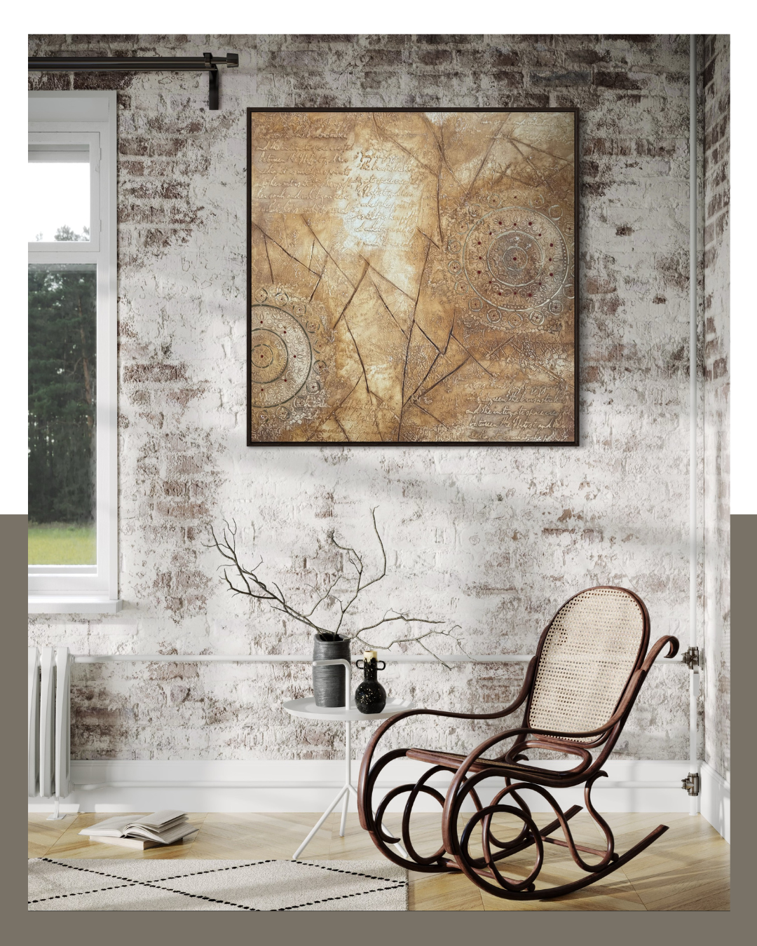 Textured wall art with engraved ancient scripts and intricate mandala patterns in warm earthy tones.