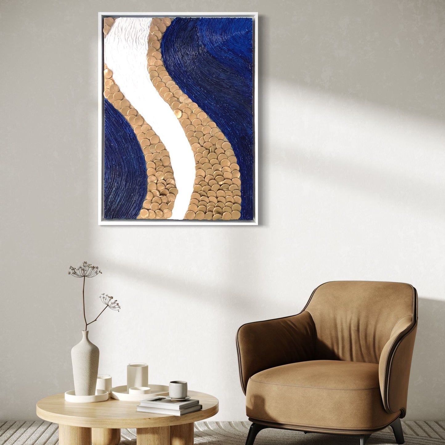 A captivating blue and gold wave artwork, ideal for enhancing home interiors with a touch of elegance and refined taste.