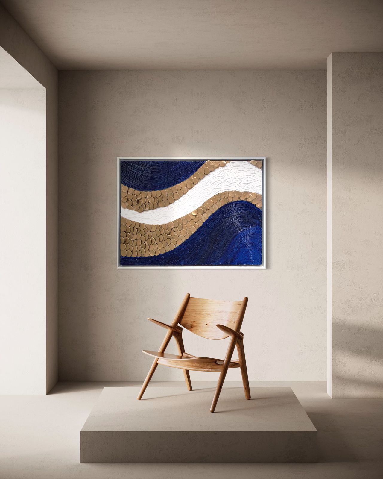 An elegant blue and gold wave painting, perfect for adding a sophisticated touch to living room or bedroom decor