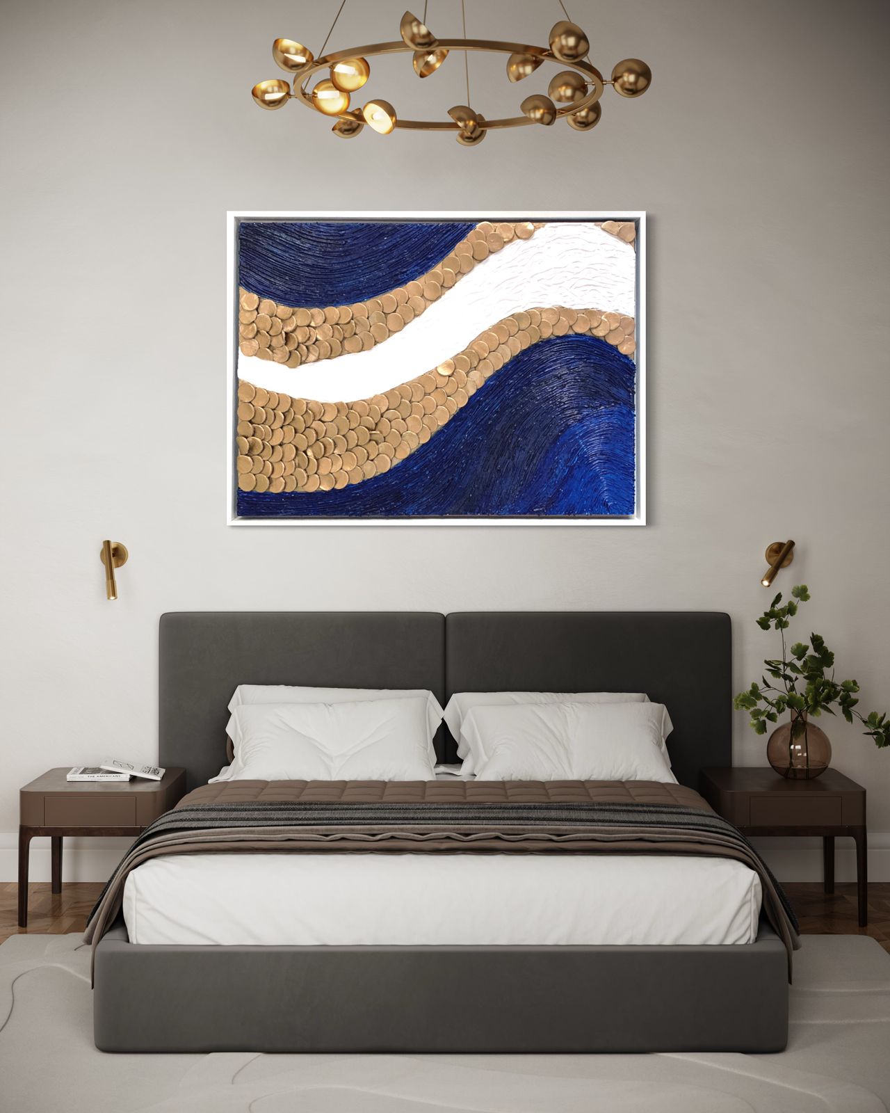 An elegant blue and gold wave painting, perfect for adding a sophisticated touch to living room or bedroom decor