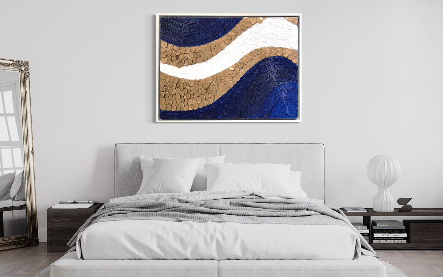 A captivating blue and gold wave artwork, ideal for enhancing home interiors with a touch of elegance and refined taste.