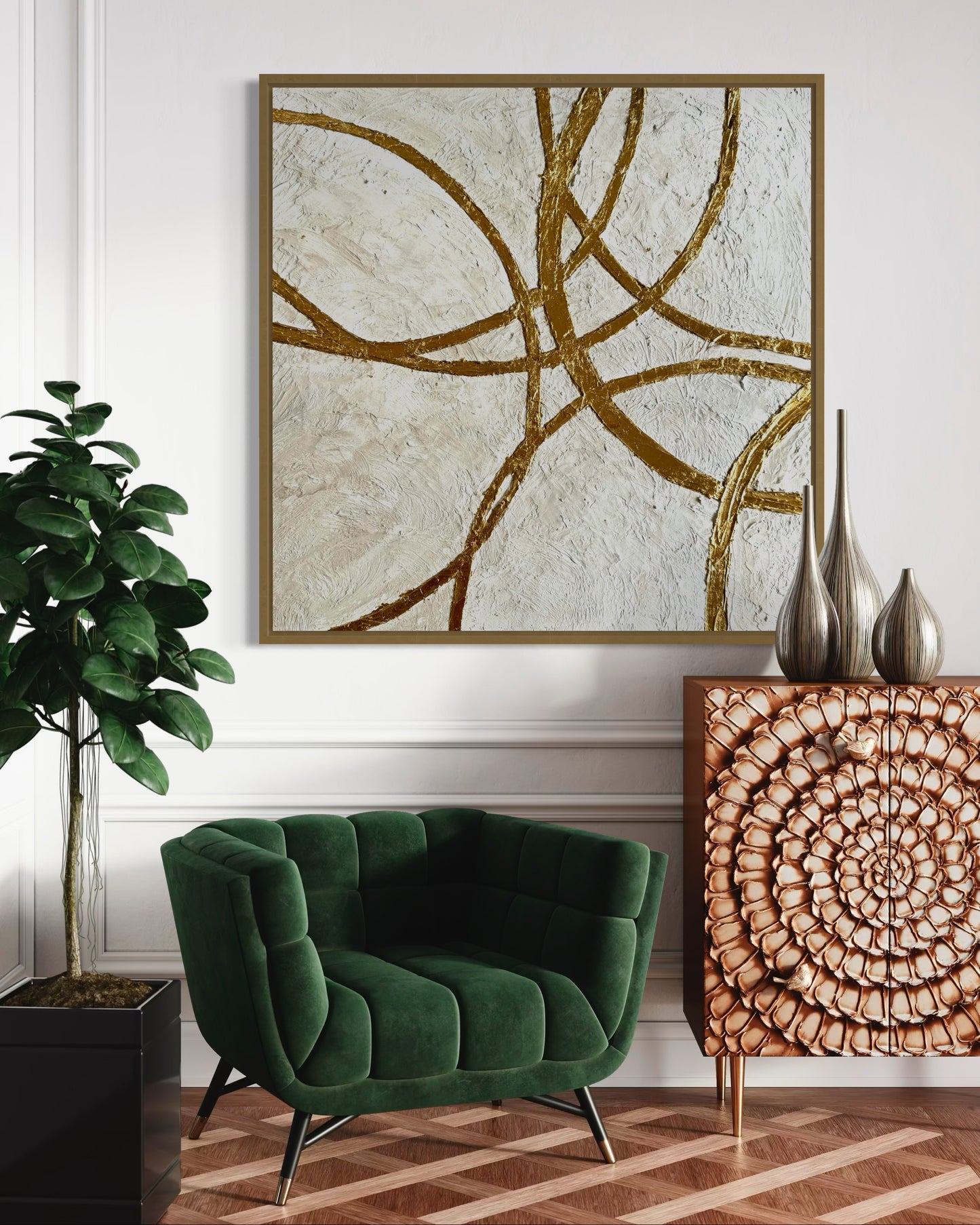 Luxury neutral wall art featuring hand-textured surface and gold accents