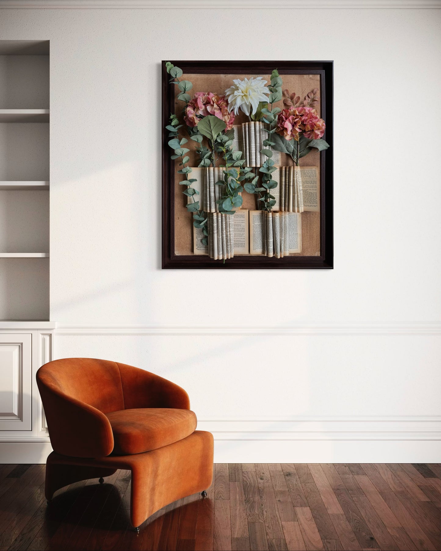 Botanical-themed mixed media artwork combining old book pages and artificial blooms