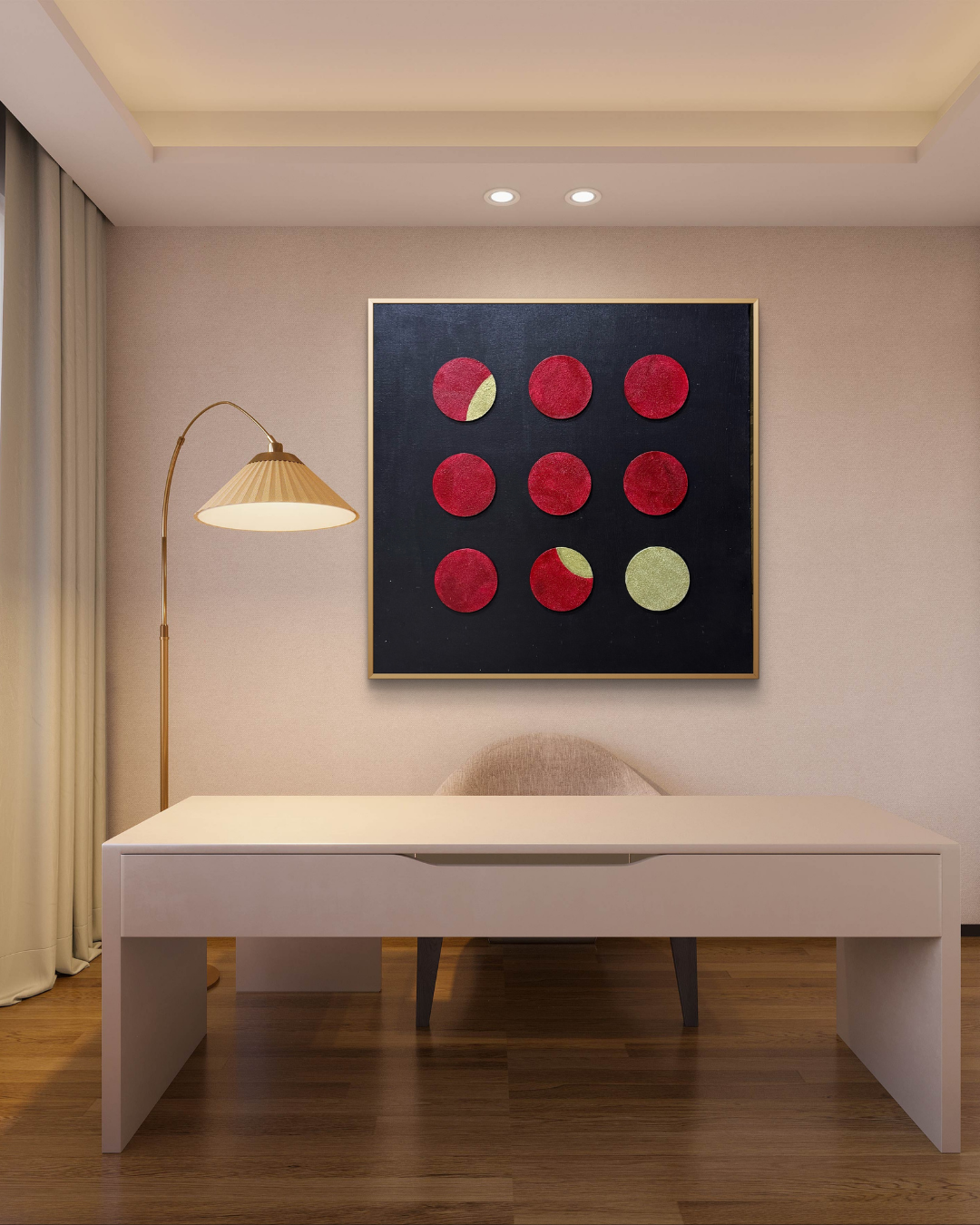 Modern wall art by Artscape by Riddhi Mehta with symbolic red and gold tones on a minimal black background.