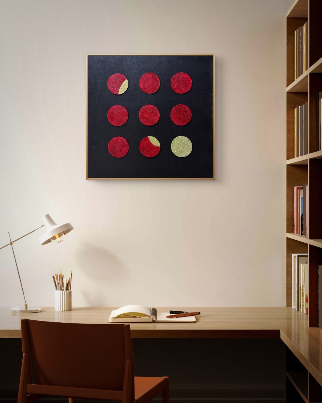 Modern wall art by Artscape by Riddhi Mehta with symbolic red and gold tones on a minimal black background.