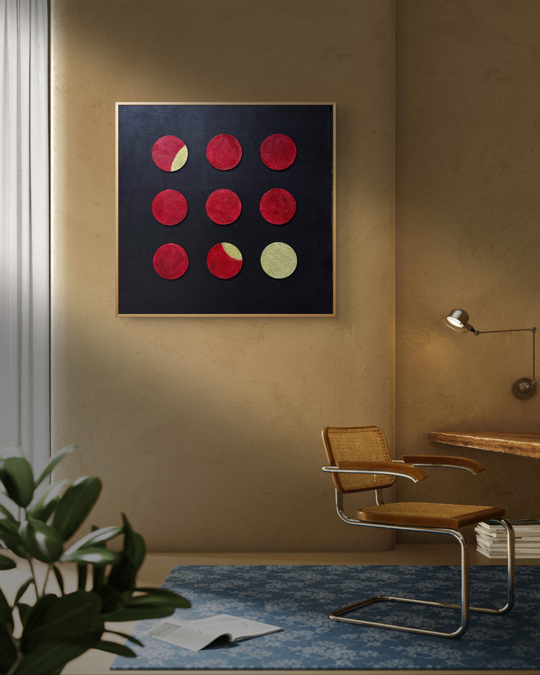 Textured abstract painting with deep red and gold circles, representing resilience and hidden brilliance in a modern grid format