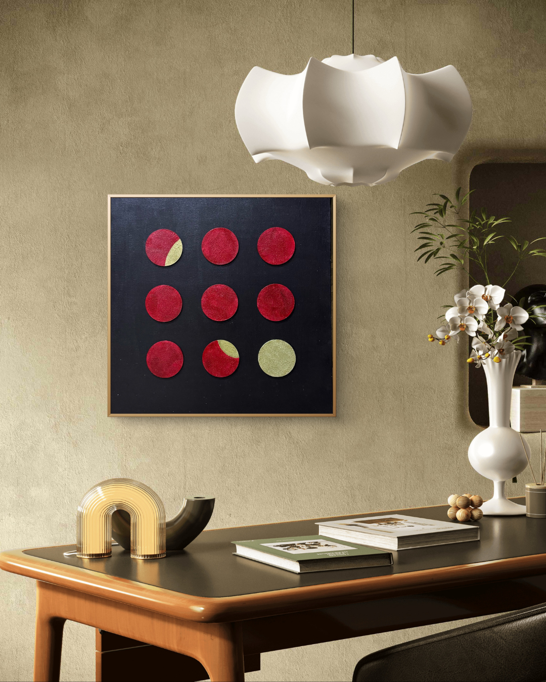 Textured abstract painting with deep red and gold circles, representing resilience and hidden brilliance in a modern grid format