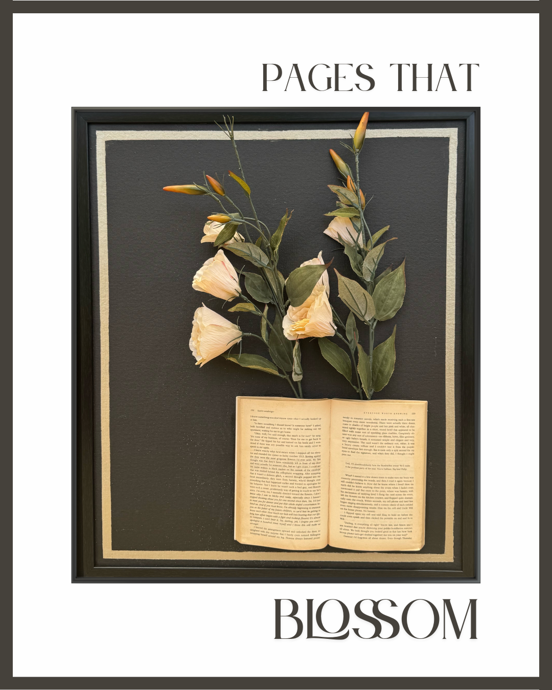 Wall art featuring handcrafted paper flowers blooming from layered vintage book pages