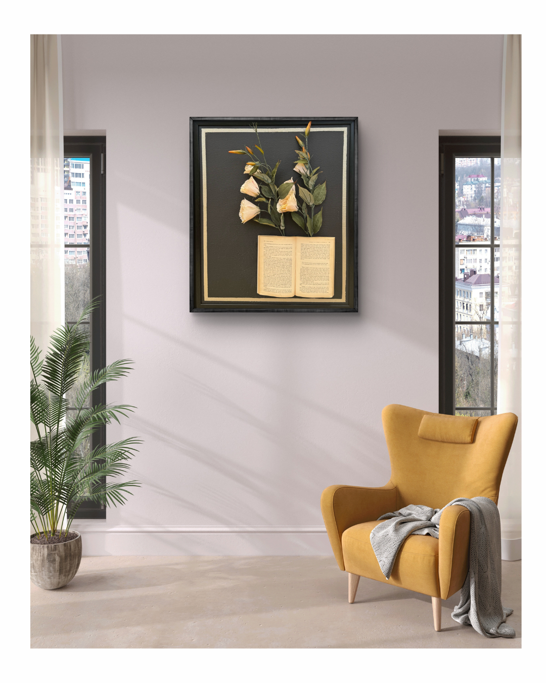 Decorative wall art with vintage text background and cream-toned handmade flowers.
