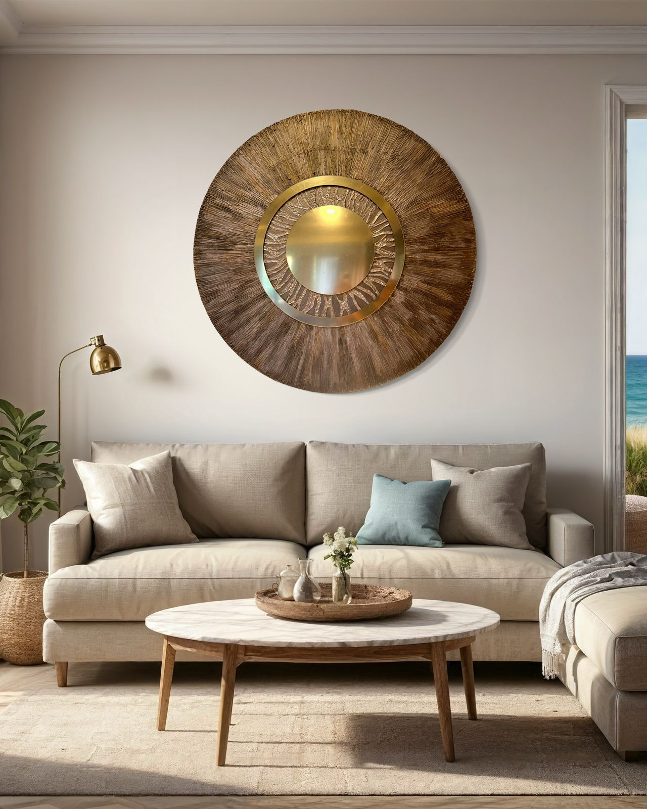 A stylish wooden sideboard paired with a luxurious sun-inspired mirror, adding elegance and warmth to the room's decor.