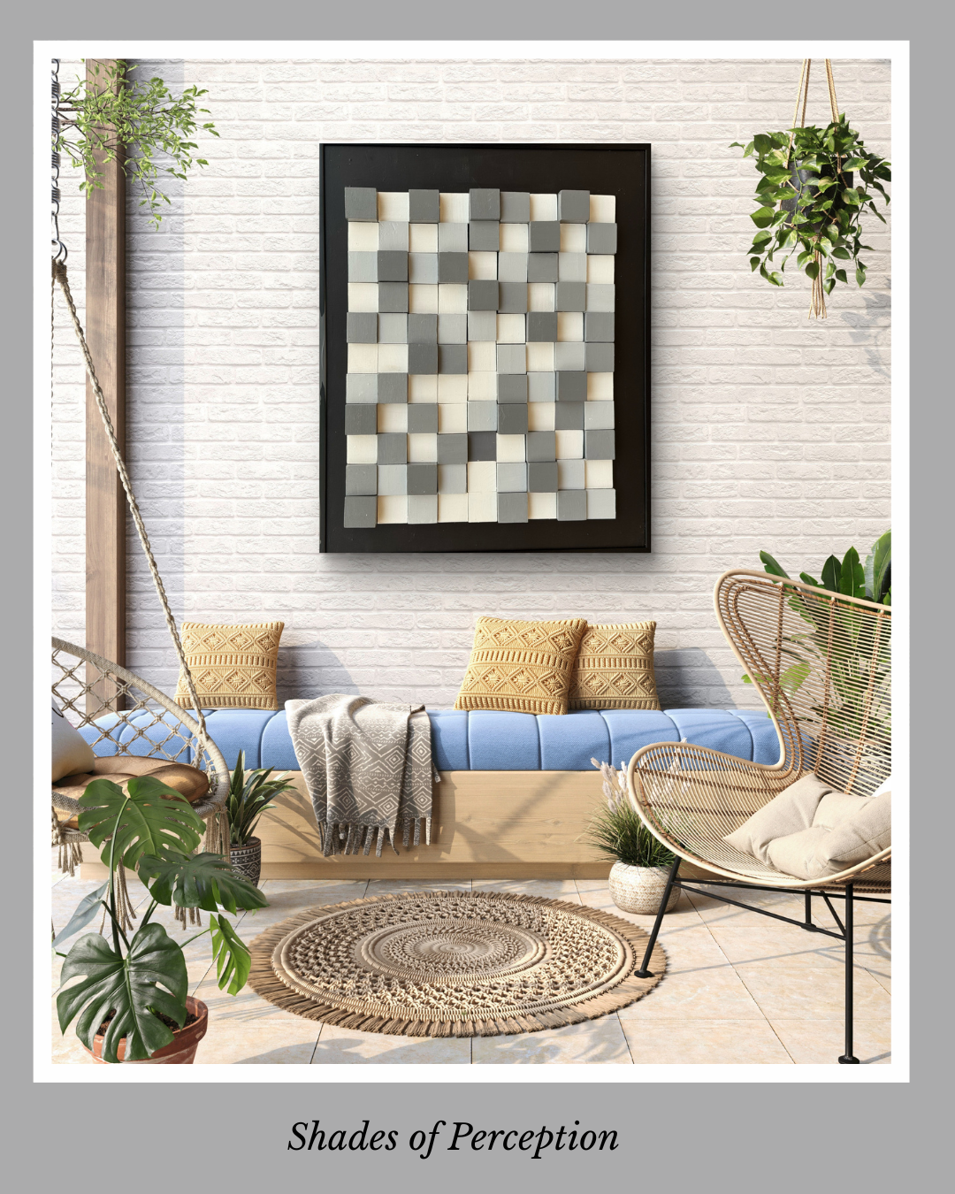 3D wall artwork featuring a grid of grey and white wooden blocks arranged in varying depths to create a textured, modern design.