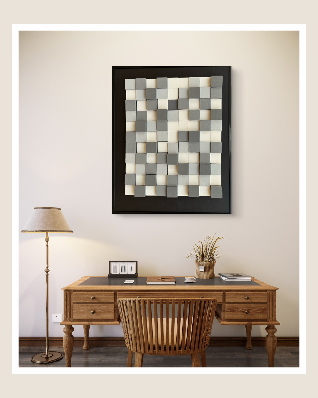 3D wall artwork featuring a grid of grey and white wooden blocks arranged in varying depths to create a textured, modern design.