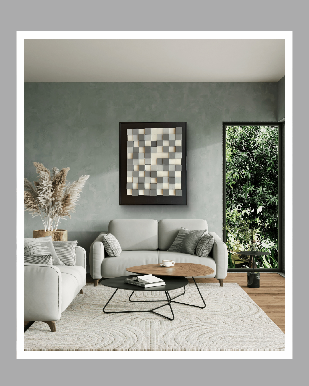 3D wall artwork featuring a grid of grey and white wooden blocks arranged in varying depths to create a textured, modern design.