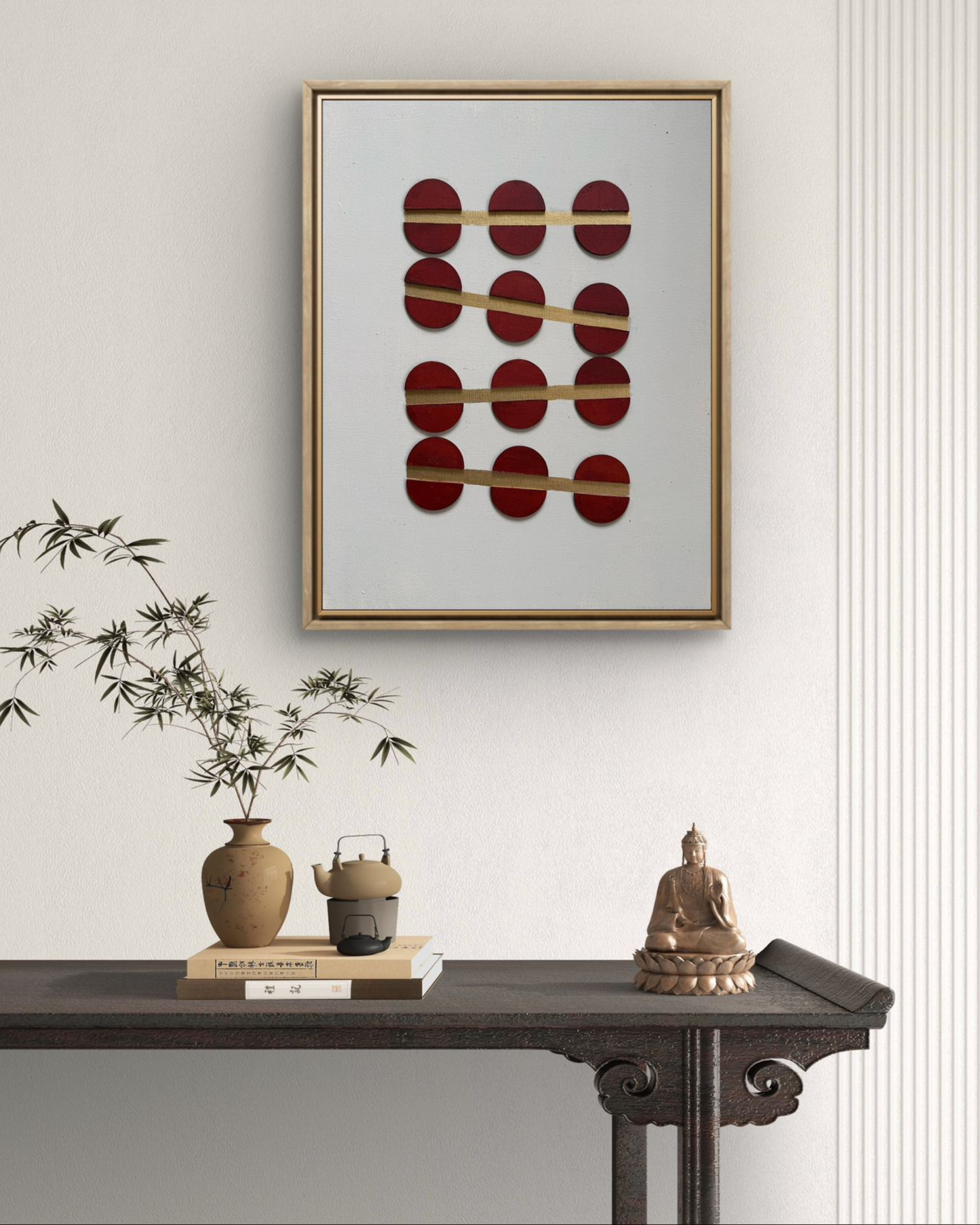Elegant and minimal mixed media artwork showcasing anchored crimson elements and gold detailing, inspired by emotional strength and harmony.