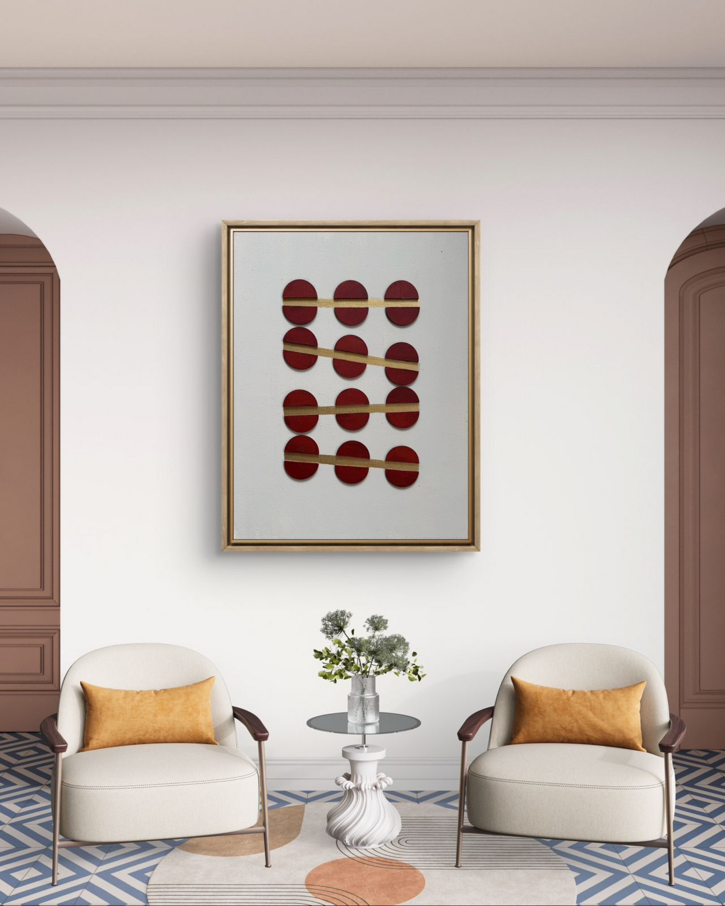 Handcrafted textured canvas by Artscape by Riddhi Mehta featuring red and gold geometric balance over a soft white base — representing inner calm and strength through life’s shifts.