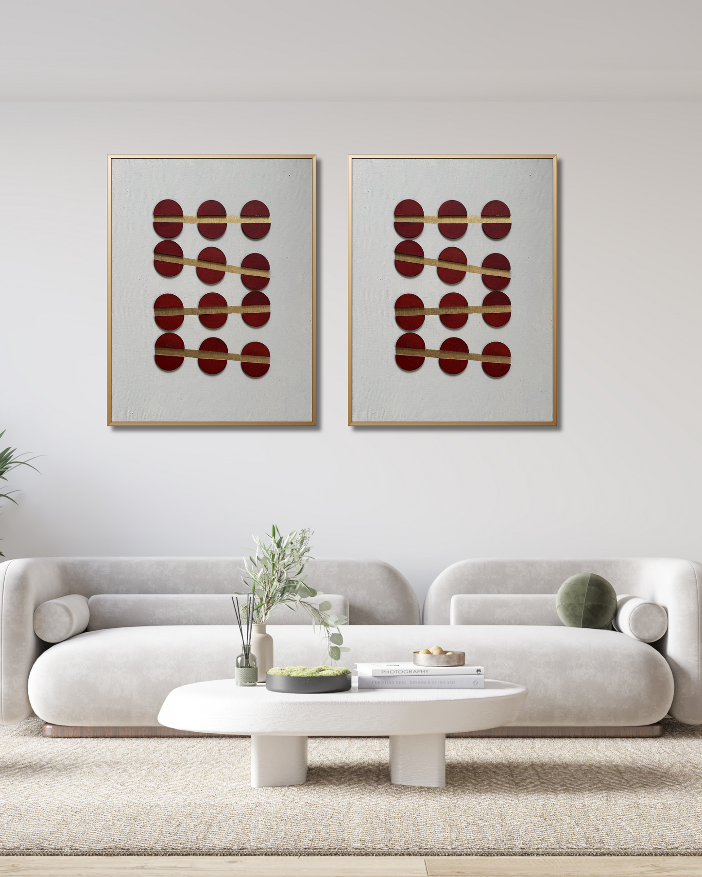 Contemporary wall art from Artscape by Riddhi Mehta blending bold crimson shapes and gold lines with neutral texture, inspired by life’s emotional ebb and flow.