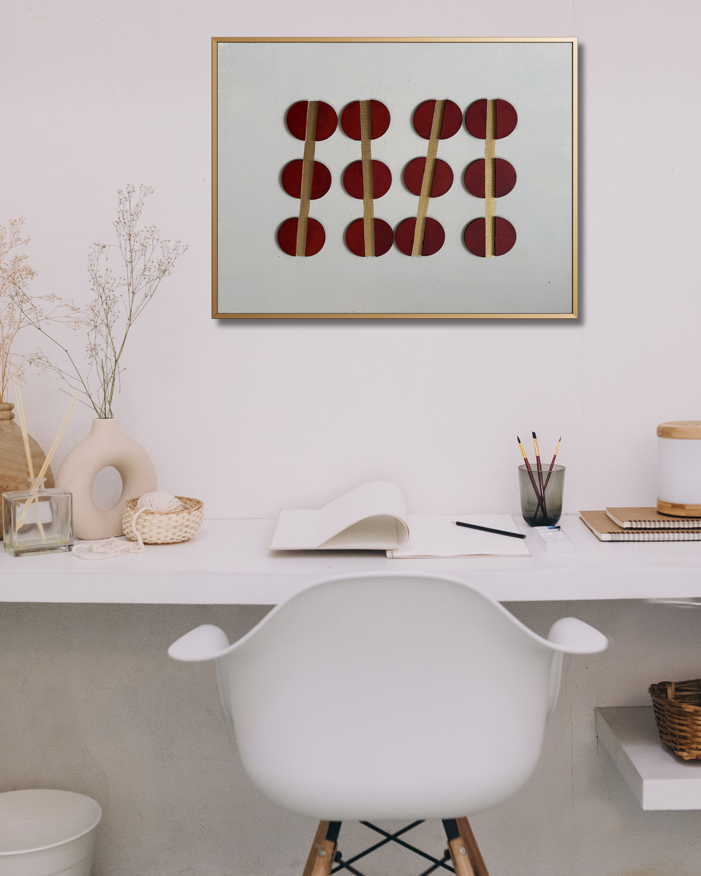 “Still, I Rise” by Artscape — a modern, minimal artwork with crimson ovals and golden lines on textured white, symbolizing emotional resilience and quiet strength.