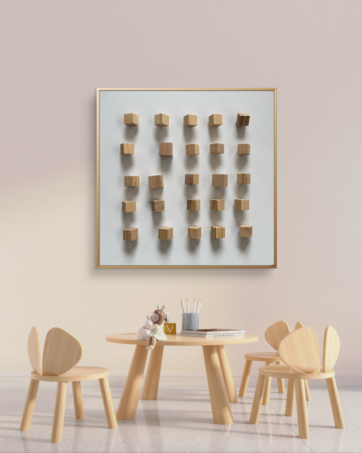 Modern abstract artwork featuring natural wooden blocks placed in structured alignment, creating a subtle motion effect.