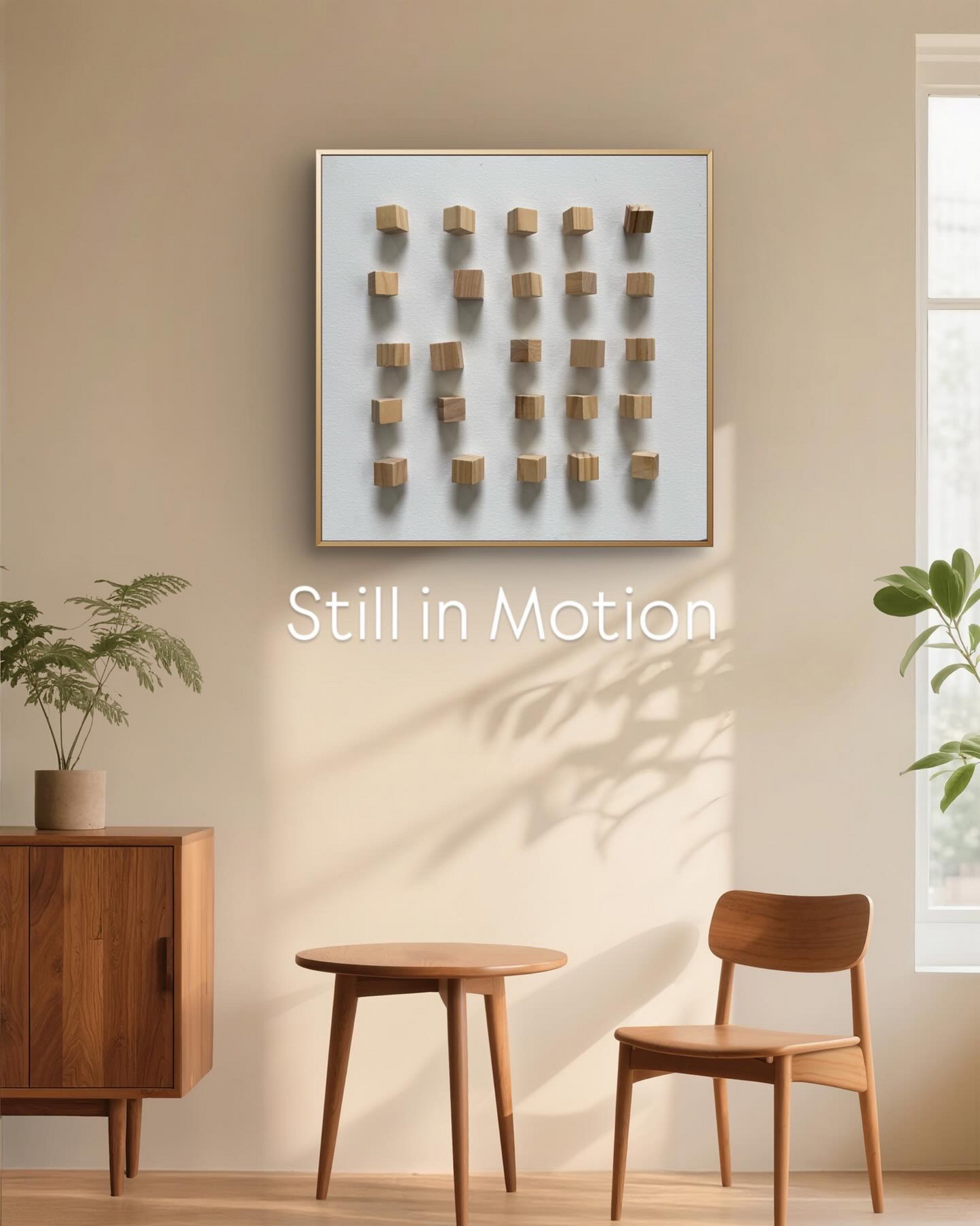 Still in Motion – neutral-toned textured wall art with wooden cubes symbolizing balance and rhythm.