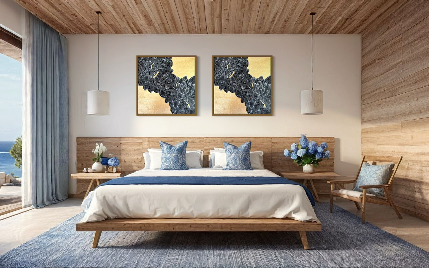 A sophisticated art for living room in gold, showcasing a grand gold chandelier and exquisite lotus-inspired art piece.