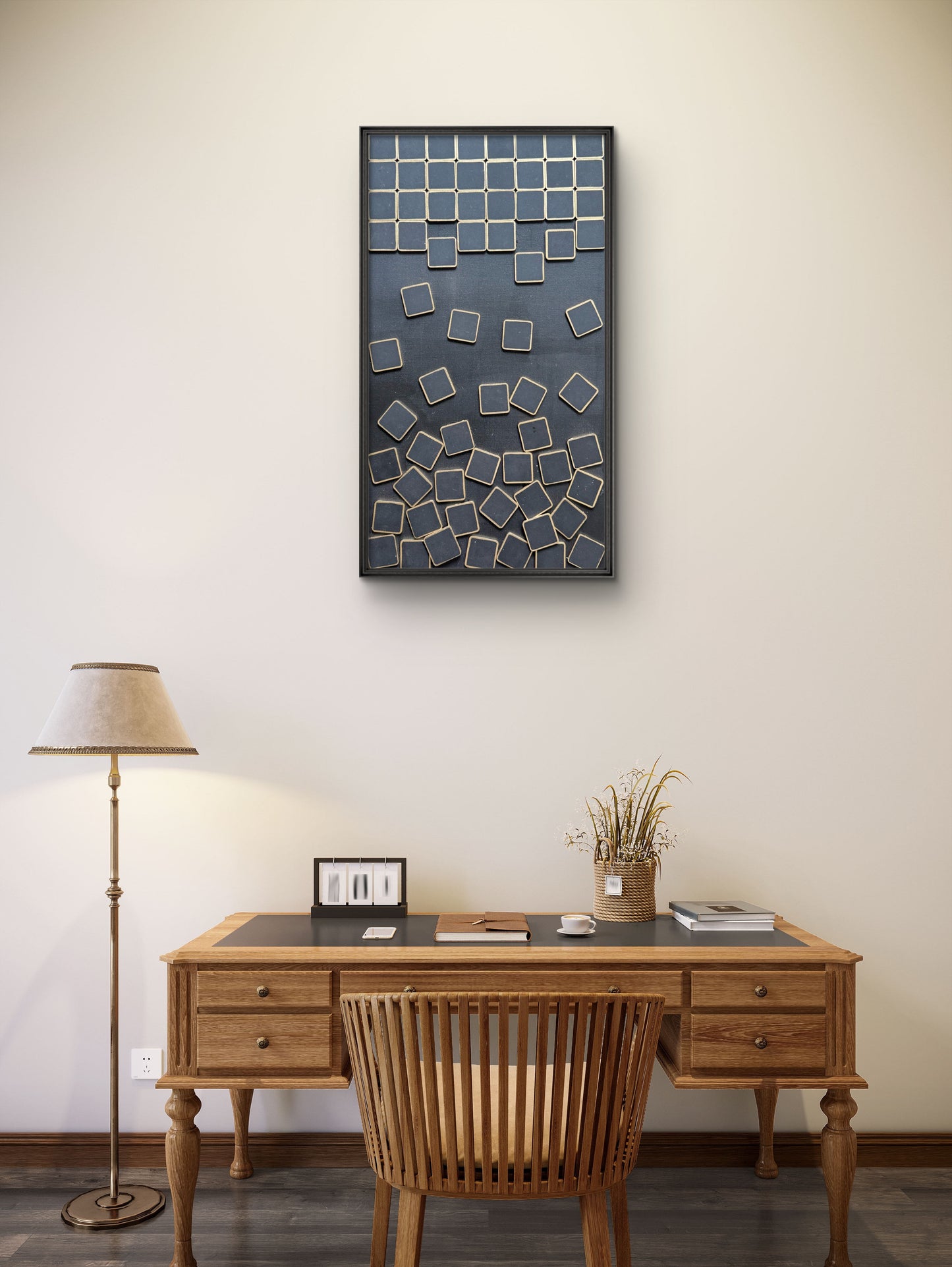 Geometric wall art with gold-lined squares cascading across a textured Mars Black background.