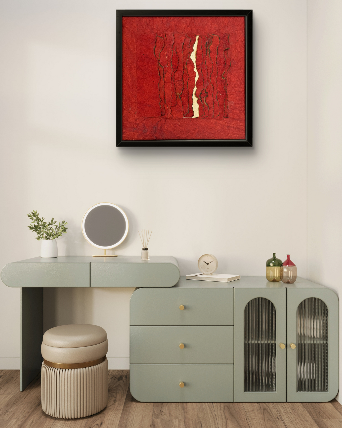 Torn Silence” – expressive abstract art with layered paper textures in red, white, and black.