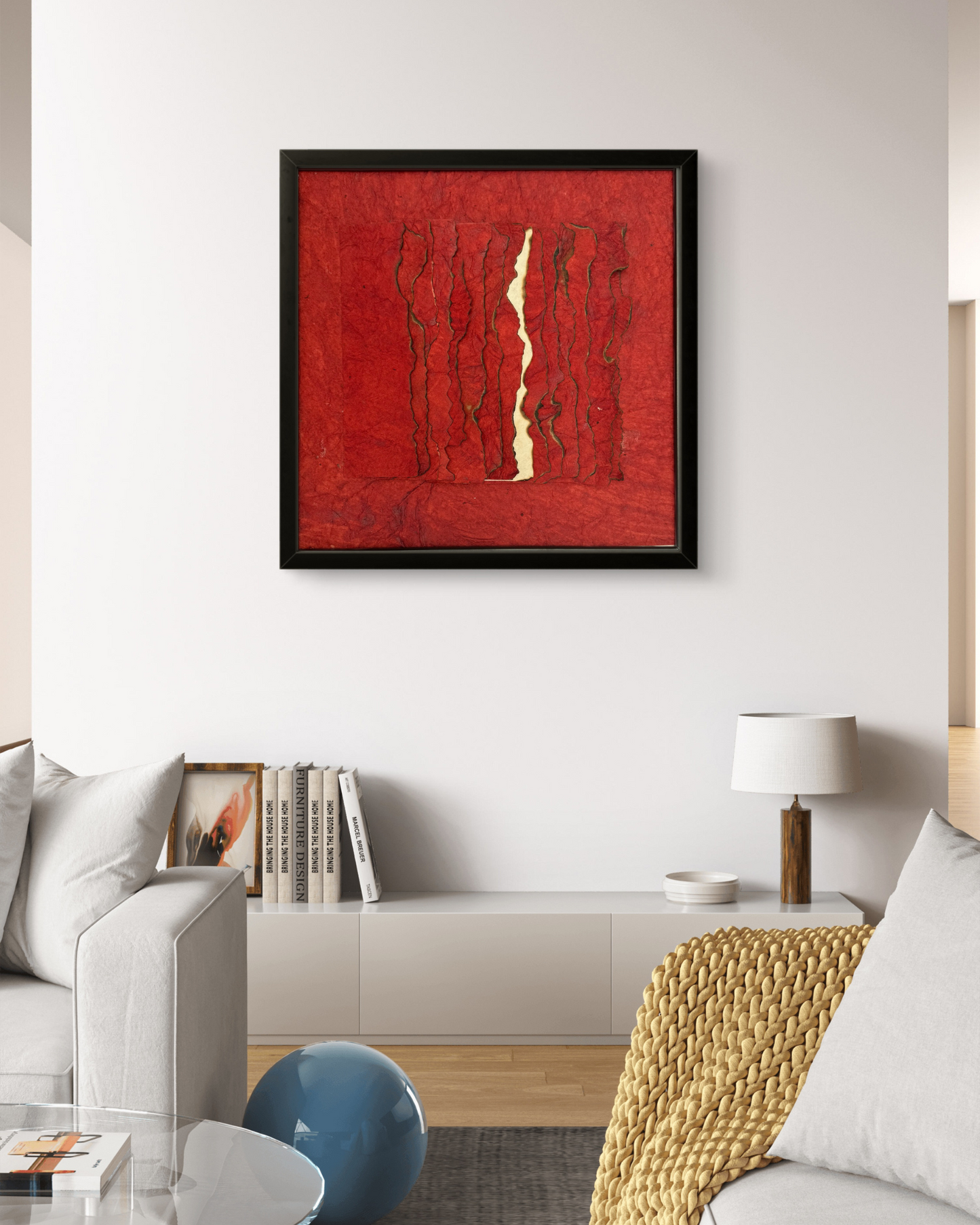Contemporary textured frame with torn edges and vibrant red tones against black.