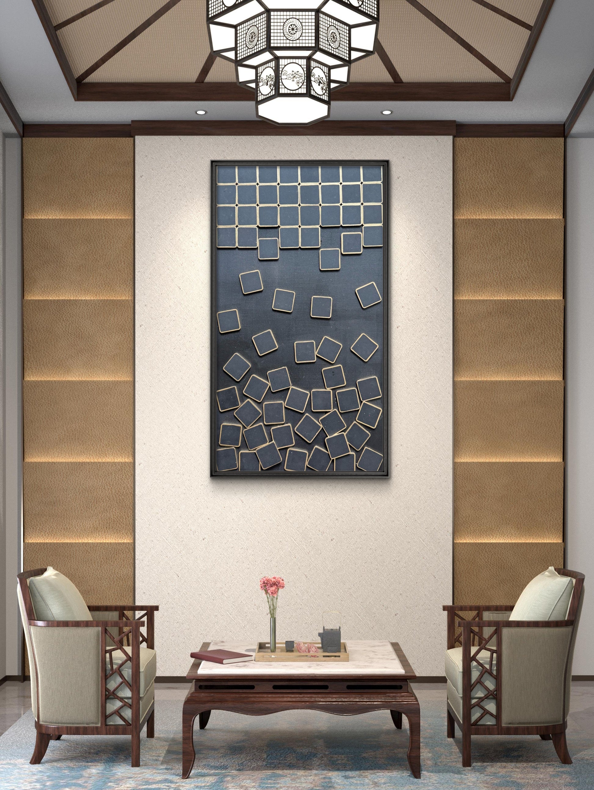 Luxury statement artwork with stacked and tilted gold squares on a matte Mars Black surface.