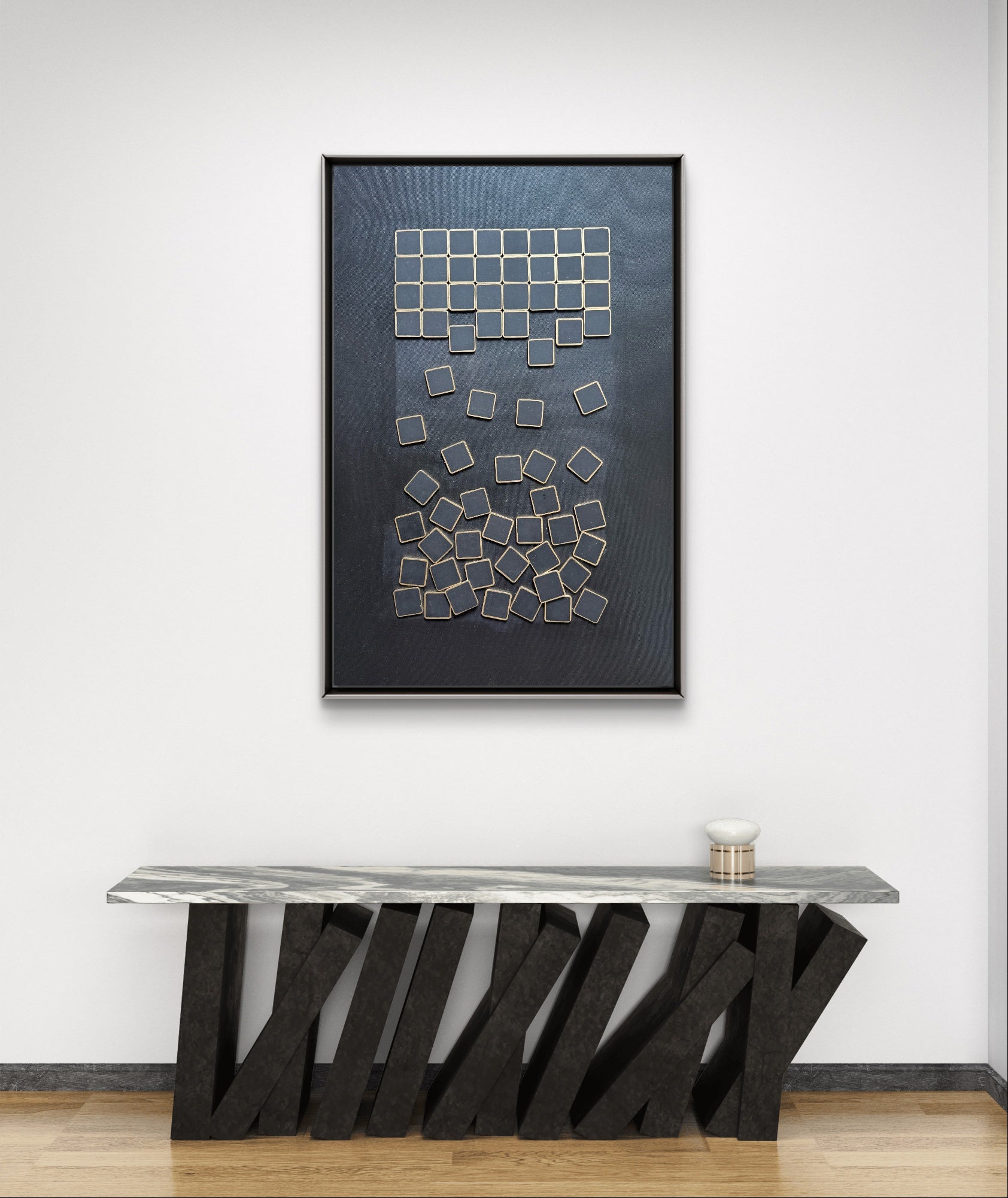 Luxury statement artwork with stacked and tilted gold squares on a matte Mars Black surface.