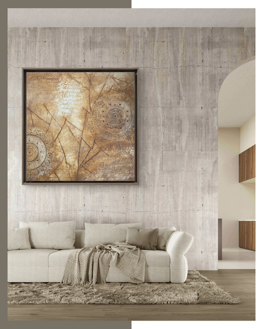 Living room with a large abstract painting on a textured wall above a beige sofa.
