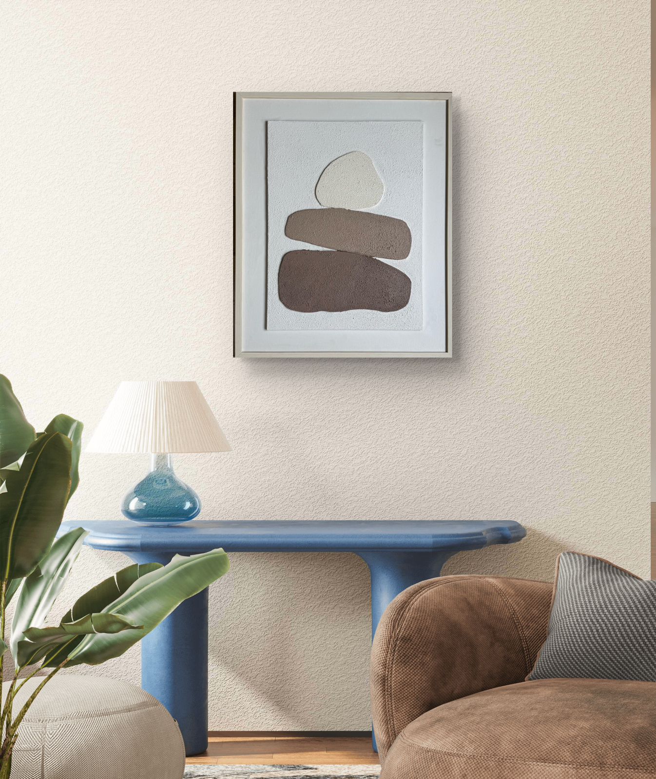 Modern Japandi wall art featuring tactile texture and layered stone-like forms in warm neutral tones