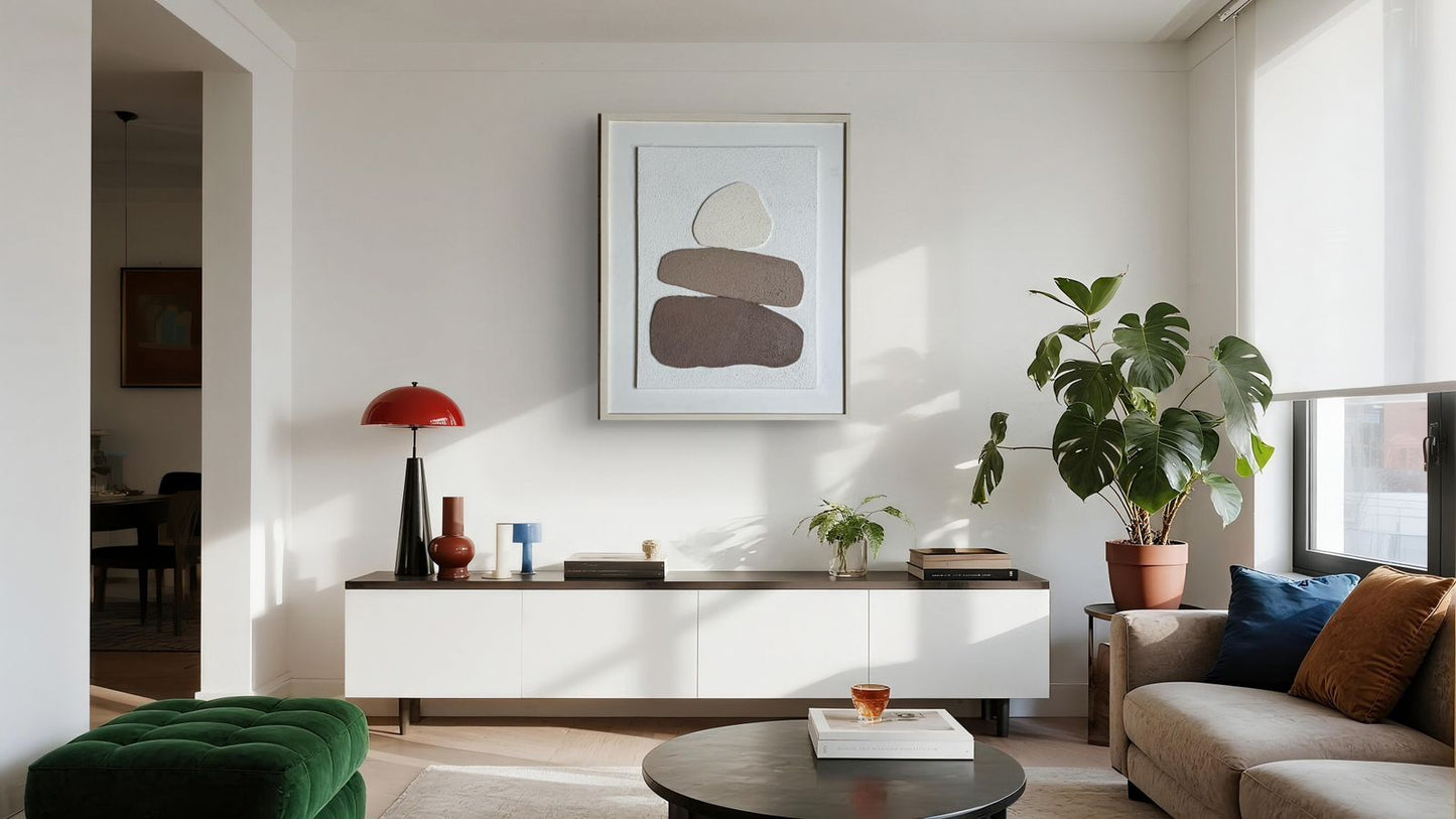 Artscape Studio Japandi inspired textured abstract wall art in earthy neutrals with layered sculptural forms