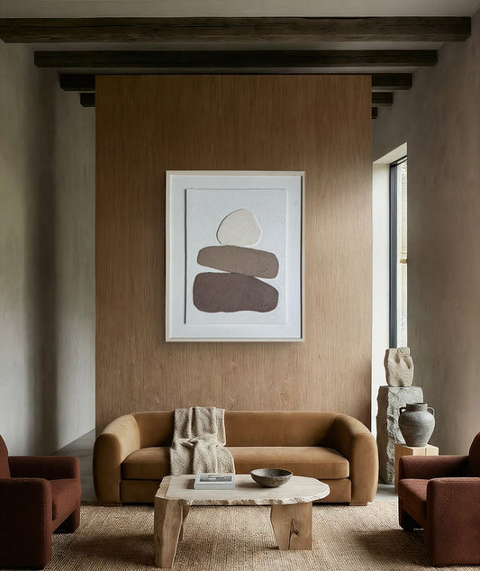 Japandi inspired minimalist wall art with layered sculptural shapes in warm beige tones for refined interiors
