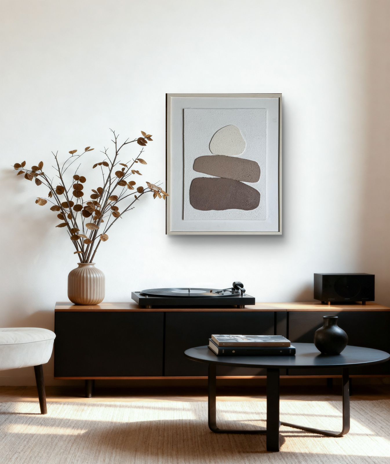 Japandi style textured abstract wall art with layered organic forms in earthy beige and brown tones, calm modern interior décor