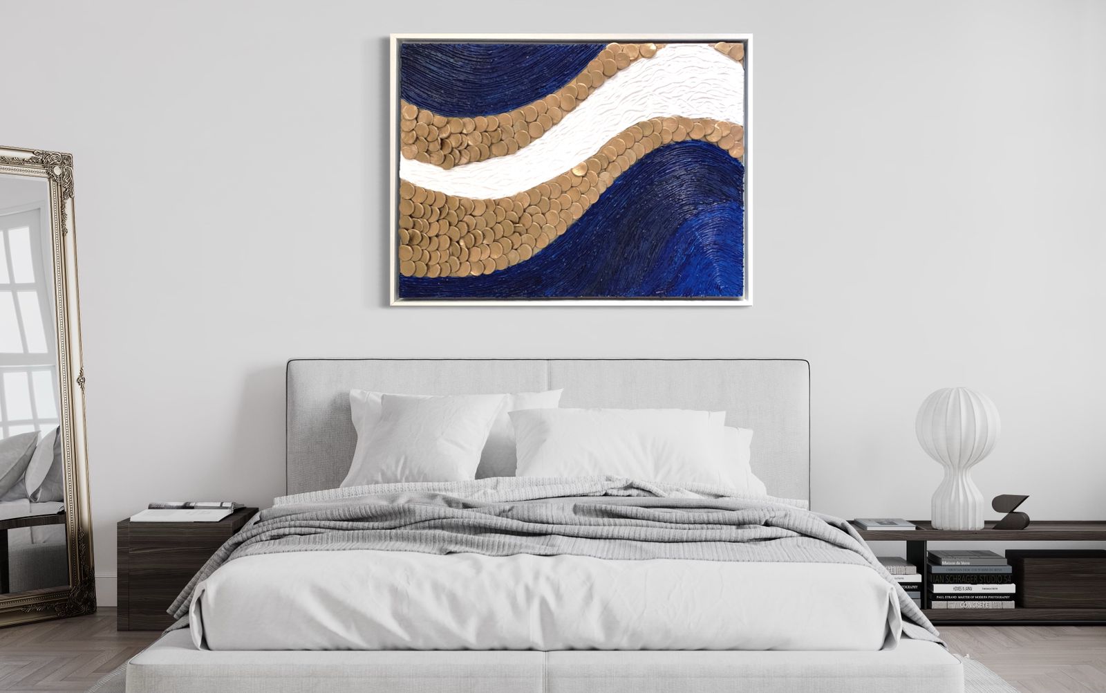 A captivating blue and gold wave artwork, ideal for enhancing home interiors with a touch of elegance and refined taste.