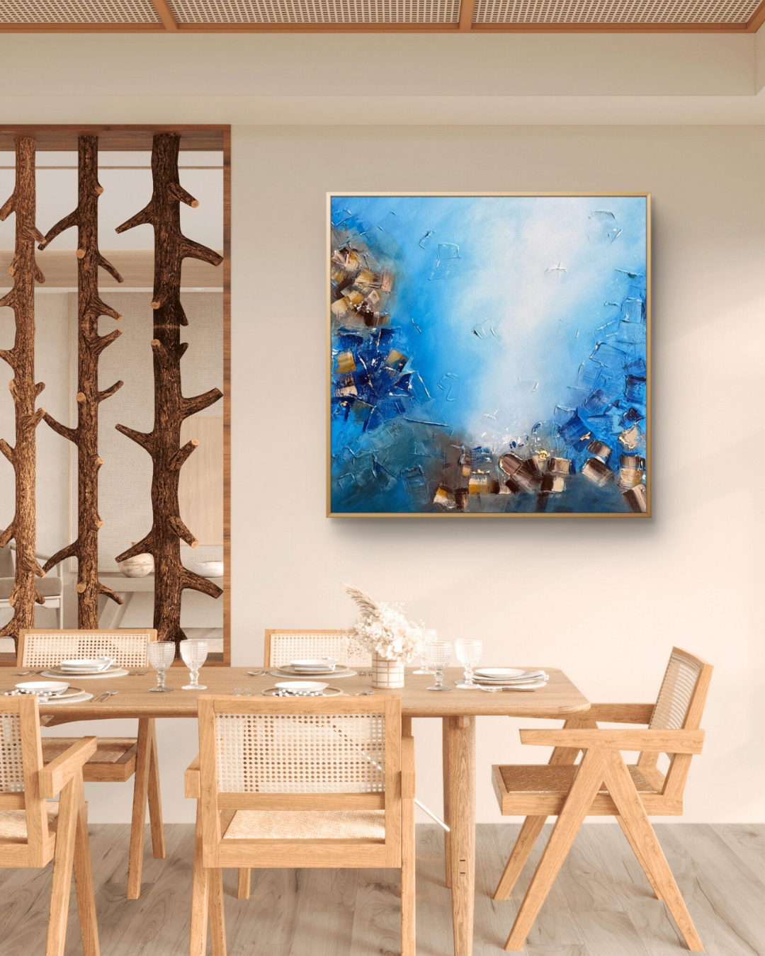 Modern blue abstract wall art with layered textures and depth, designed for contemporary interiors and aligned with Vastu principles for positive energy and mental clarity.