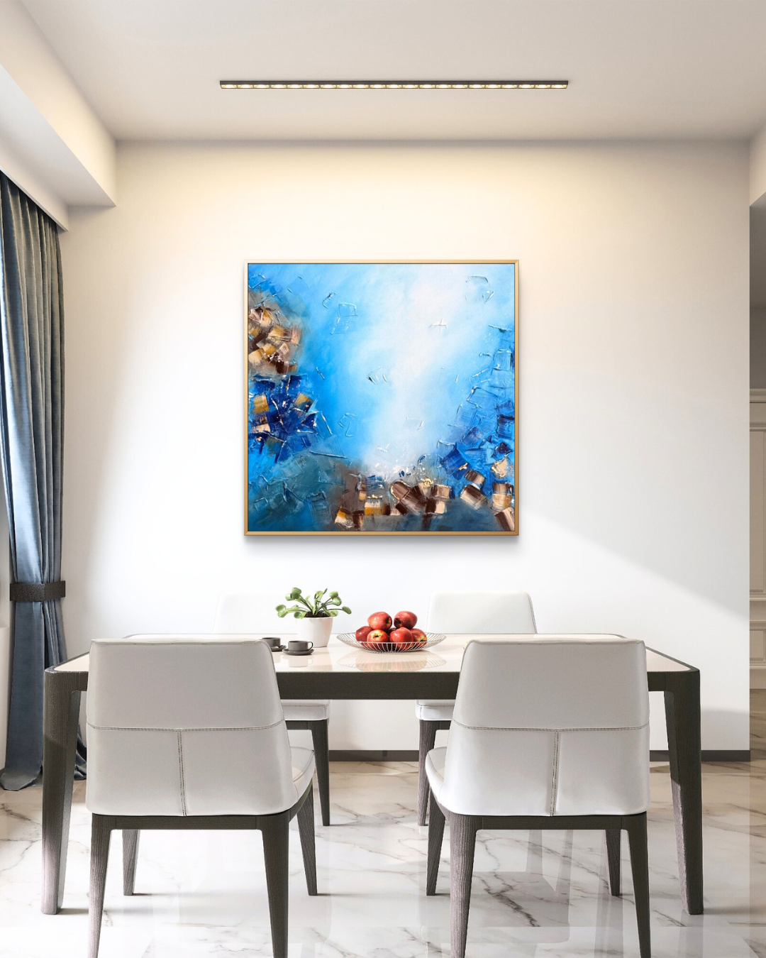 Contemporary blue wall art with fluid textures, Vastu-compliant artwork ideal for North placement to enhance flow, opportunities, and balanced energy