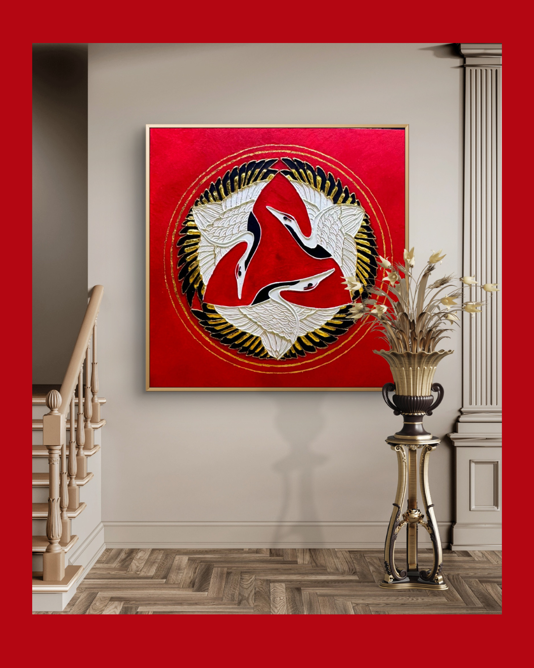 Dancing Cranes – Japanese Inspired Vastu Artwork in Red | Artscape Studio