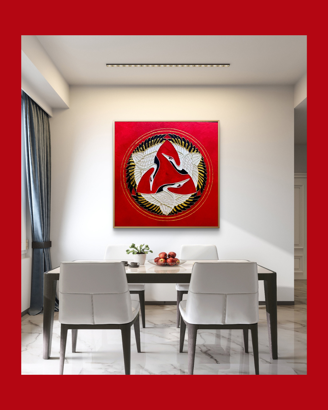 Dancing Cranes – Japanese Inspired Vastu Artwork in Red | Artscape Studio