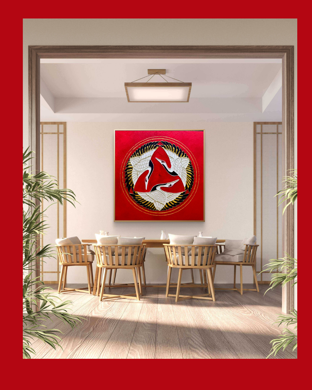 Dancing Cranes – Japanese Inspired Vastu Artwork in Red | Artscape Studio