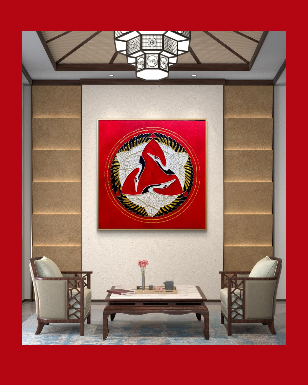 Dancing Cranes – Japanese Inspired Vastu Artwork in Red | Artscape Studio
