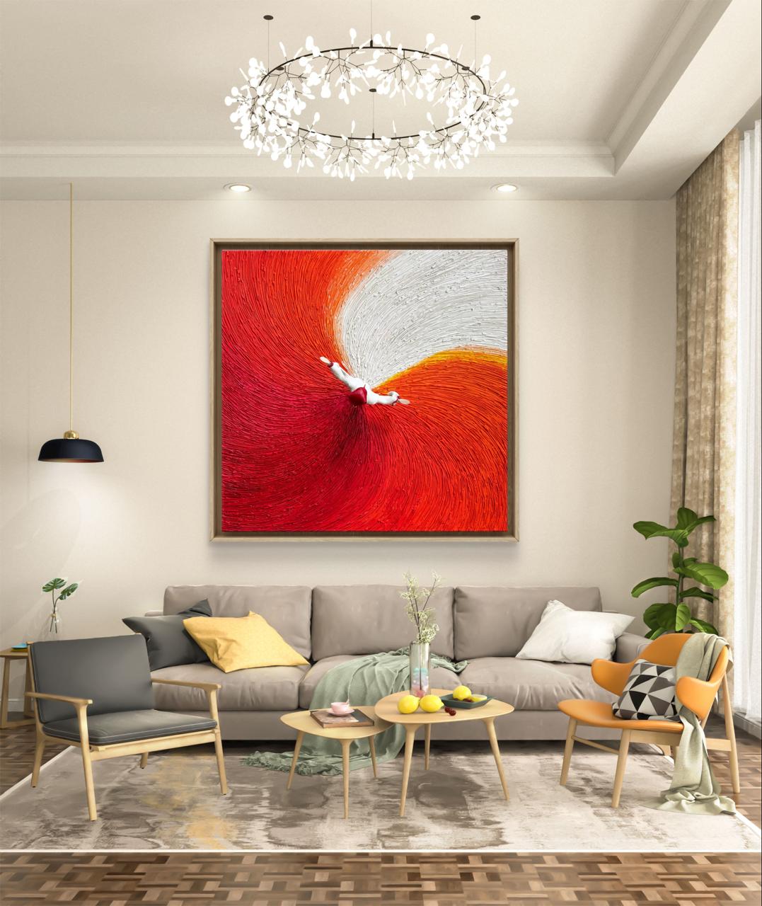 Modern living room with a colorful abstract painting on the wall.