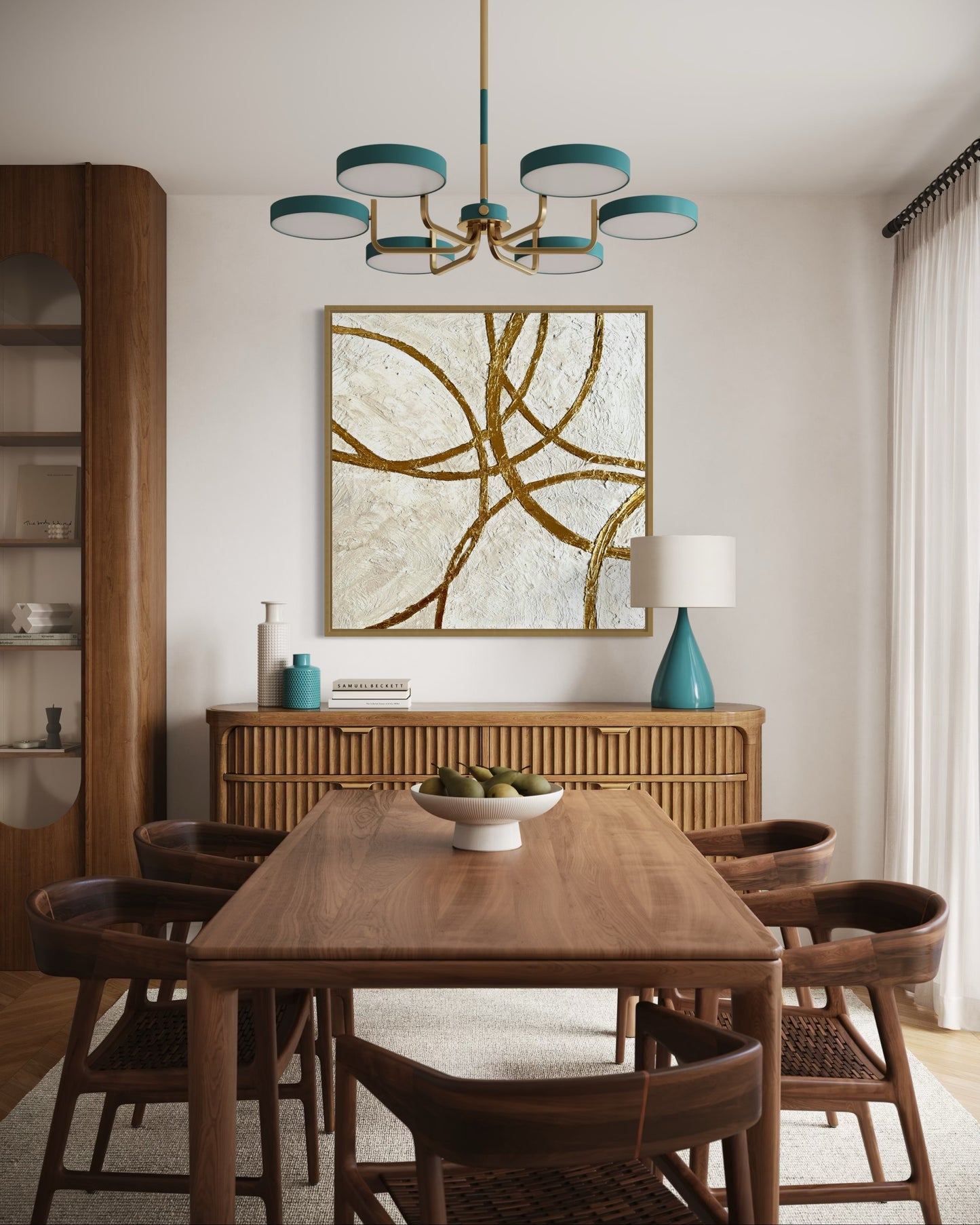 Textured neutral abstract wall art with flowing gold intersecting lines