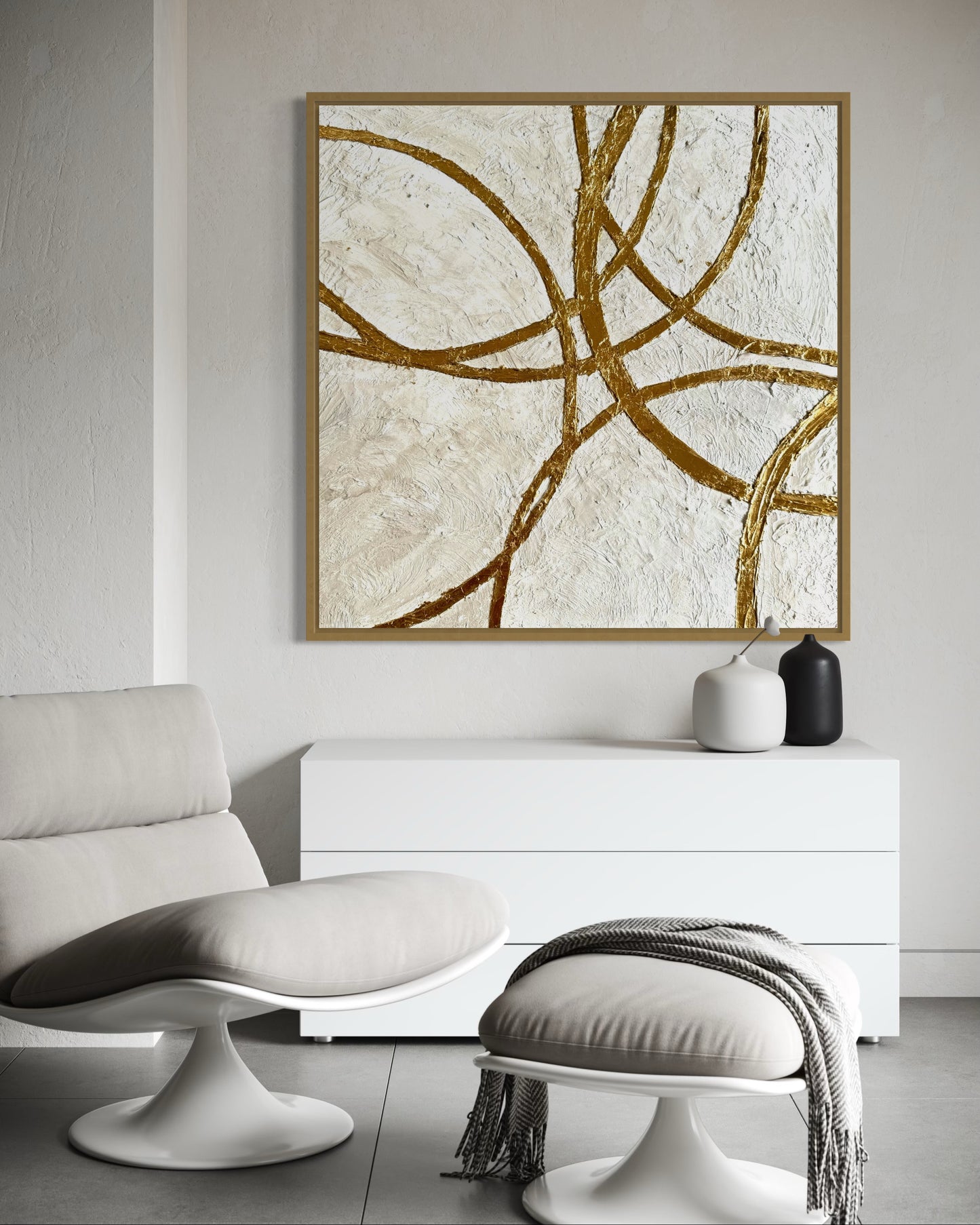 Textured neutral abstract wall art with flowing gold intersecting lines