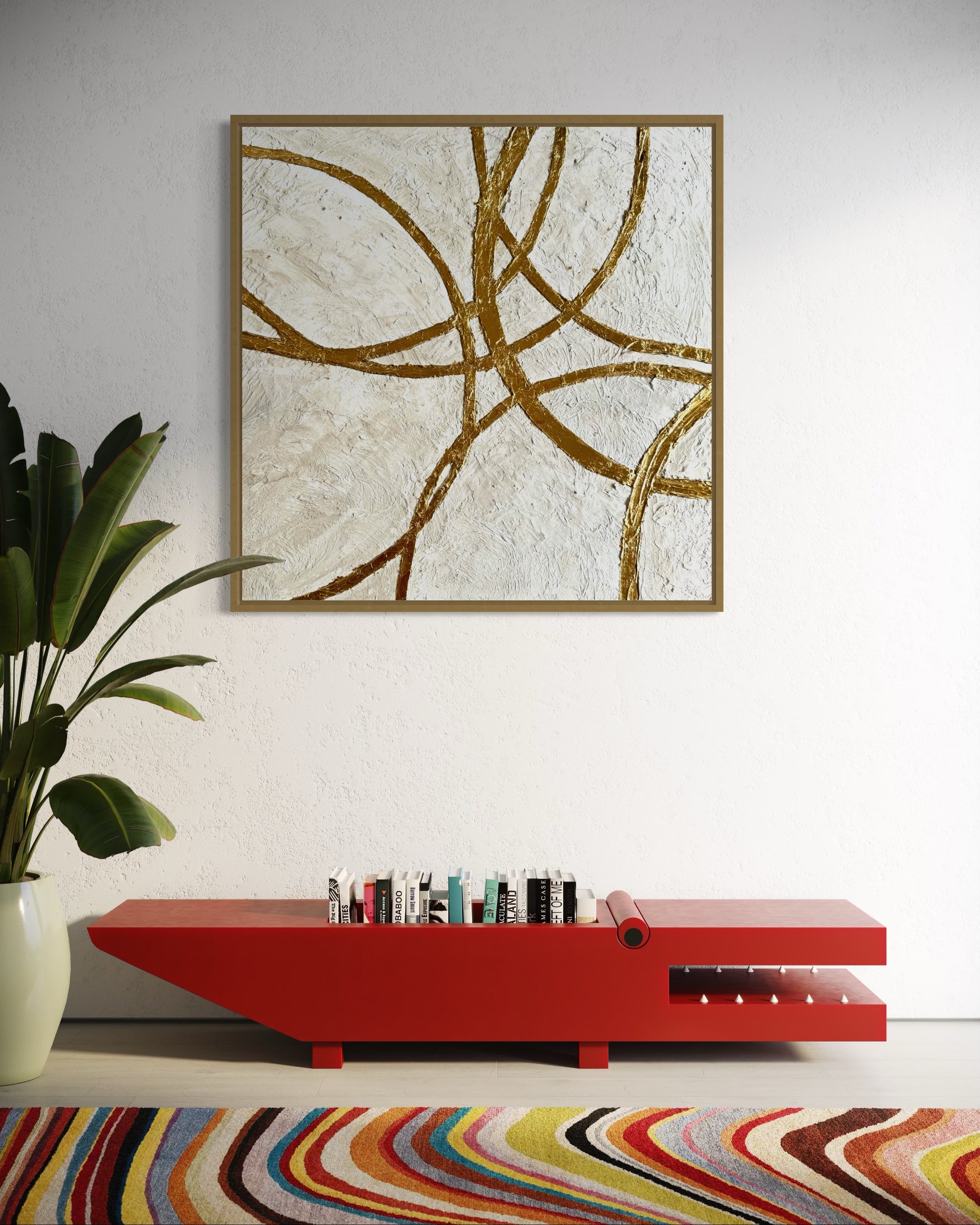 Contemporary minimalist artwork with gold pathways on soft plaster texture